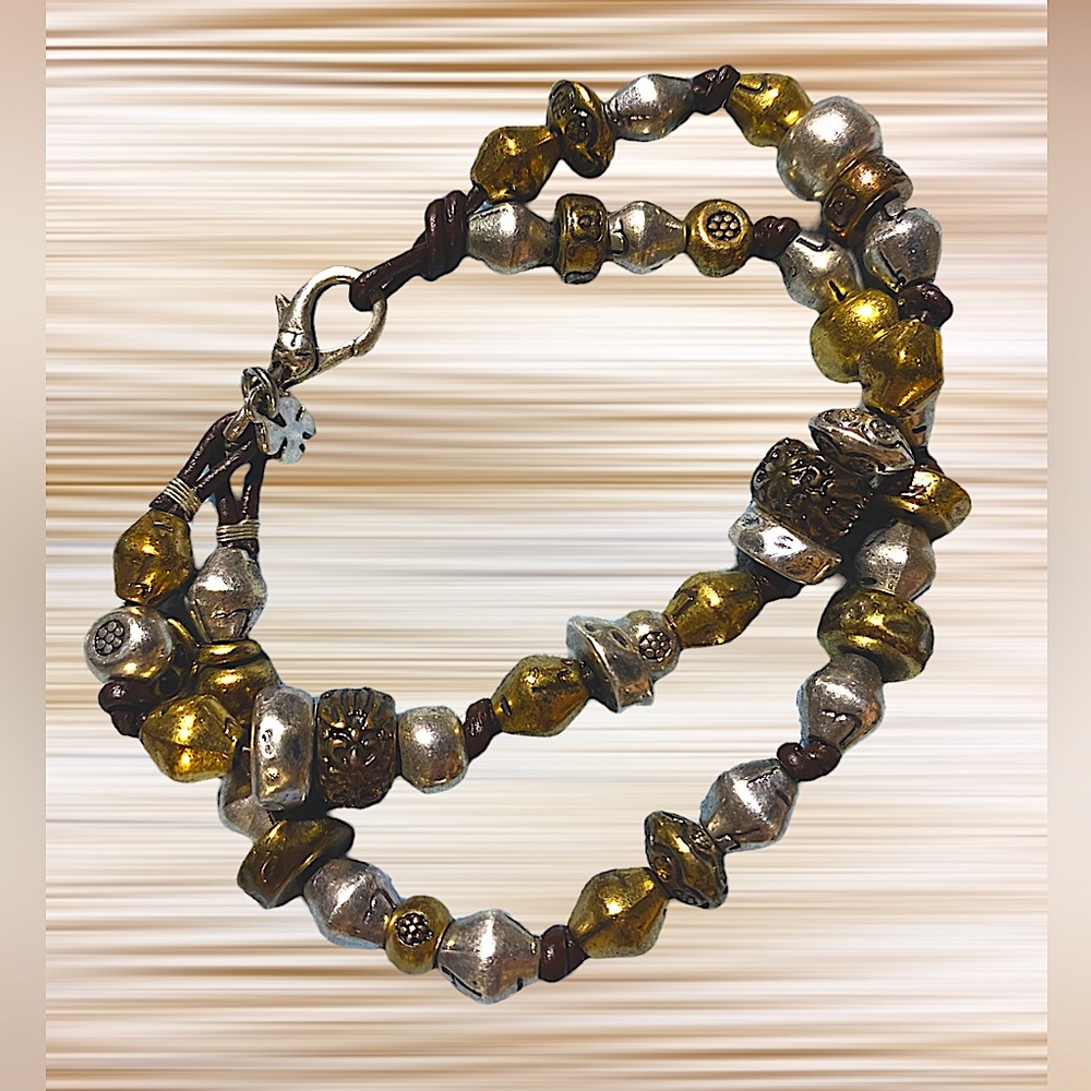 Lucky Brand Silver & Gold tones beaded two strand leather bracelet